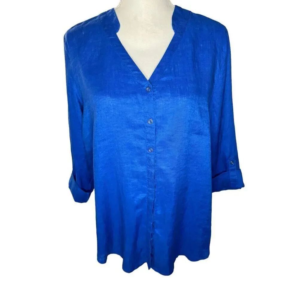 NEW JM Collection Size 10 Blue 100% Linen Roll Tab Button Front Tunic Top NWT